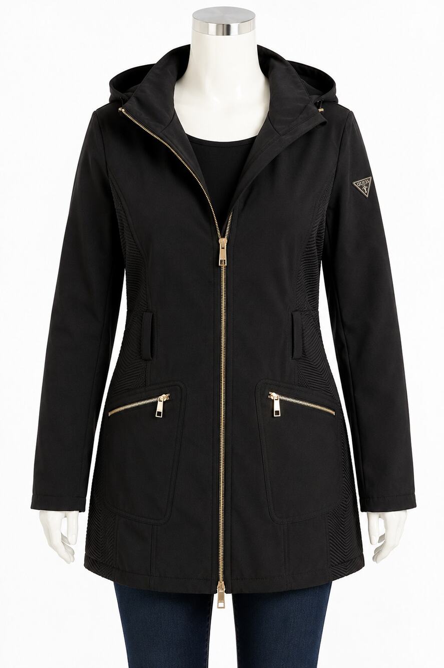 GUESS Women’s XL Black Hooded Softshell Coat Gold Zippers Belted Style